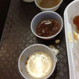 The sauces offered. All seem to be days old. Disgusting.