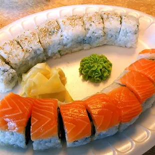 Two variants of salmon sushi.