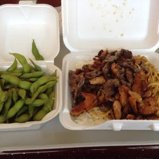 My replacement for crappy sushi - edamame and chicken + beef teriyaki. Hopefully no bad poos will occur.