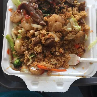 Shrimp beef fried rice and cabbage