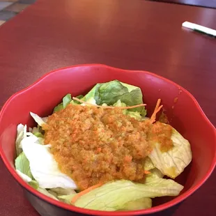 Salad. Ginger dressing looks a little like barf.