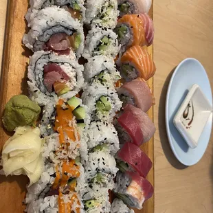 This was 4 types of rolls Rainbow Spicy tuna California  Specialty five fish