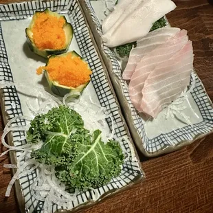 Smelt roe , yellowtail, red snapper, sashimi