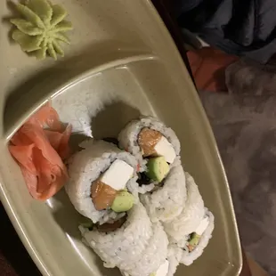 Smoked salmon philly roll. Thought it wouldn't be raw salmon. Missed that * on the menu