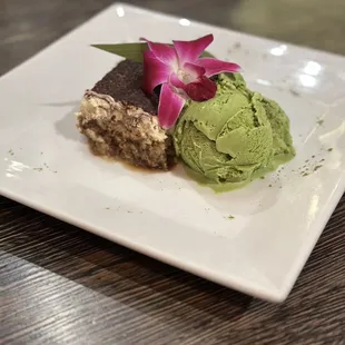 Tiramisu with matcha green tea ice cream