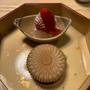 Dessert with strawberry from Japan, hojicha panna cotta, and a matcha ice cream and red bean sandwich