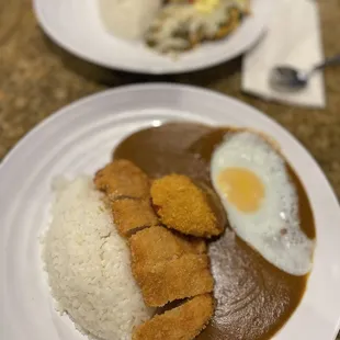 chicken katsu curry add potato croquette and fried egg