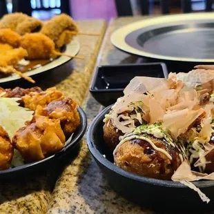 Small sushi curry, deep fried Shumai, and Takoyaki