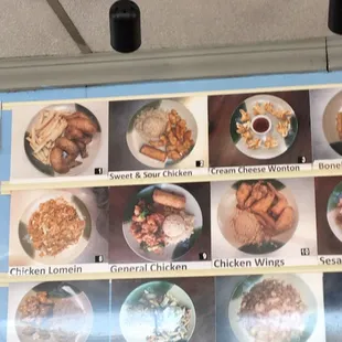 Pictures above service desk of food