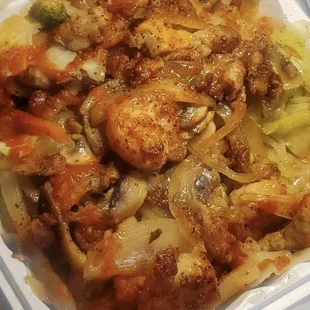 Chicken &amp; shrimp hibachi with onions &amp; mushrooms. (optioned all vegetables, consisting of cabbage)