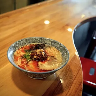 Tonkotsu Spicy
Pork-broth ramen with bean sprout, pork belly chashu, green onion, kikurage mushroom, cashew, sesame, layu chili oil, spices