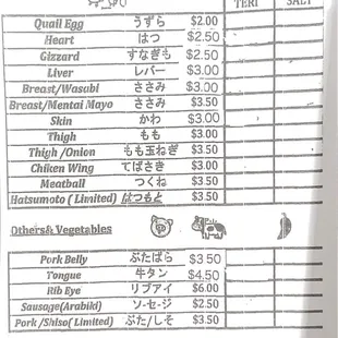 Yakitori menu
