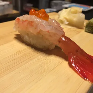 Amaebi (raw spot prawn) with Ikura (salmon roe). Wonderfull!