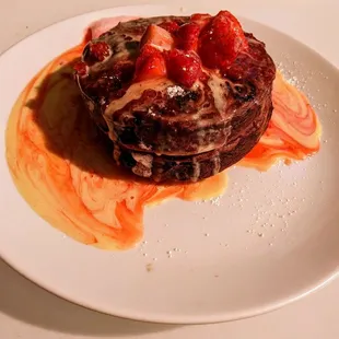 10/08/23 Chocolate Chip Red Velvet Pancakes - vanilla cloud, macerated strawberries, crème anglaise