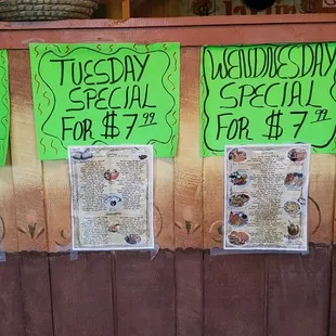 7.99 Specials Mon. -Fajitas, Tue. -Burritos, Wed. -Seafood, Thurs. Appetizers, Nachos, and Tacos