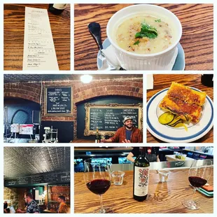 Wine, potato and leek soup and grilled cheese