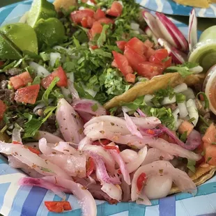 Cabeza and lengua tacos with pickled peppers