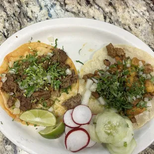 Juacho (steak and shrimp) and birria tacos