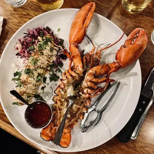 Grilled Lobster with garlic sauce, elote, and slaw
