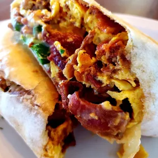 Breakfast Burrito Velez with bacon and chorizo