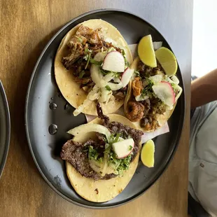 Chicharron, carnitas and Bistek tacos