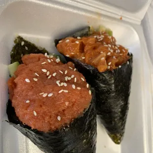 Spicy Salmon Hand Roll and Tuna Hand Roll