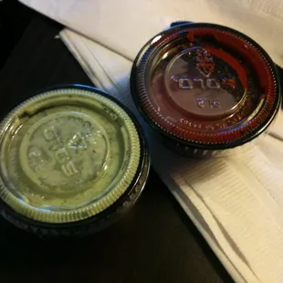mint chutney and hot sauce