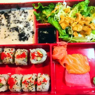 Introducing at Jasmin Thai: Sushi Bento Box! A California roll, tuna and salmon sashimi, small house salad, and black rice pudding!