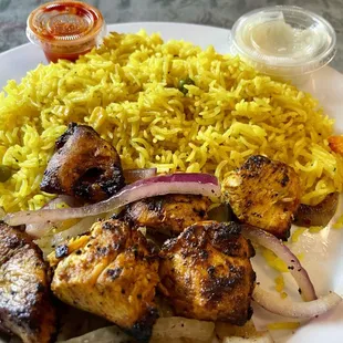 Chicken Kabob with Yellow Rice.