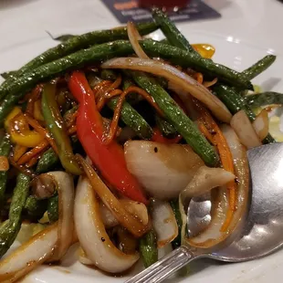 Sichuan green bean ($15), vegan by default. Tasty, but not spicy. Sauce has a slight sweetness to it.