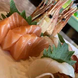 Salmon sashimi and Ama Ebi (sweet shrimp)