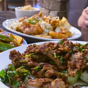 Cumin Beef in the foreground with bok choy (very good, spicy),  Twice-Cooked Fish (flounder) background - excellent!