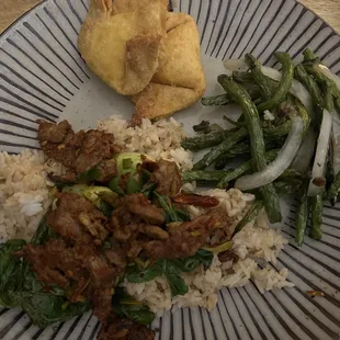 Cumin Beef + Green Beans Sauteed + Crab Rangoon
