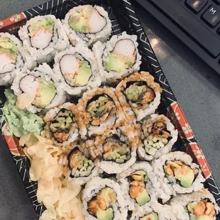 California Roll (Top), Eel Cucumber Roll (Middle), Peanut Avocado Roll (Bottom). Take Out