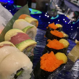 Rainbow Roll.  Tobiko Roe with quail egg.  Fantastic.