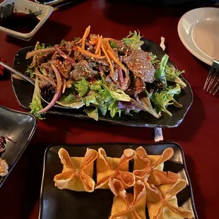 Crab Rangoon &amp; spicy beef salad