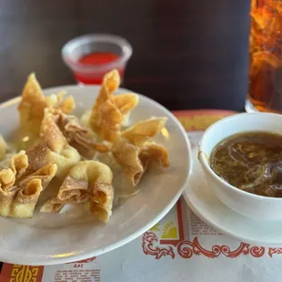Cheese wontons and hot and sour soup