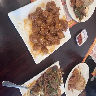 Dinner Sesame chicken, Mongolian beef,  fried rice