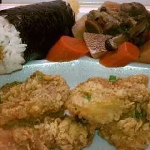 shrimp tempura musubi, nishimi &amp; garlic chicken