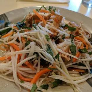 Vegan papaya salad with fried tofu so good! ( Ask for it vegan)