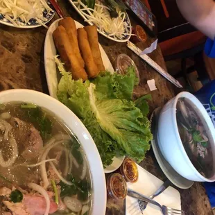 Rare Rare-Cooked Beef Pho Crispy Pork Egg Rolls Honey dew n mango boba