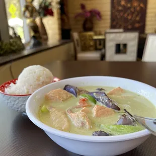 Green curry salmon. Rice is separate item