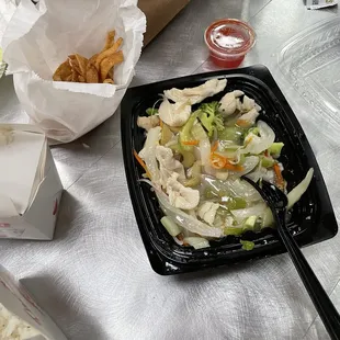 Apparently this is their definition of "chicken chow mein (crispy noodles)".  Not what we expected.