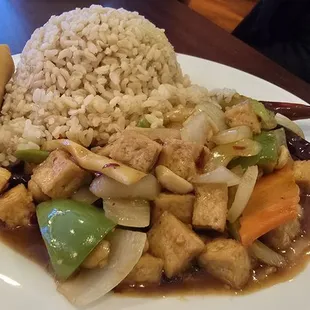 Vegetarian Kung Pao Tofu Lunch Plate with brown rice