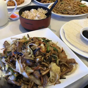Moo Shu Beef. Sesame chicken in back left, then Happy Family, then Vegetable Lo Mein right above the pancakes &amp; sauce for the Moo Shu.
