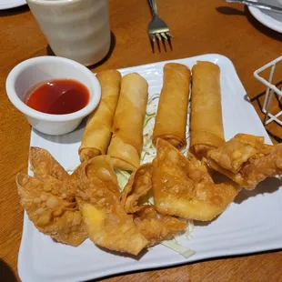 Egg rolls, crunchy wonton,  sweet and sour sauce.
