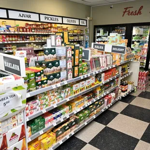 a grocery store with a checkered floor