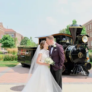 Bride and Groom with Boilermaker Special at Purdue University in West Lafayette, Indiana.