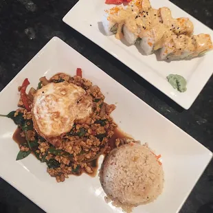 Top: Spicy Crab roll Bottom: the lunch chicken Thai Basil with fried rice