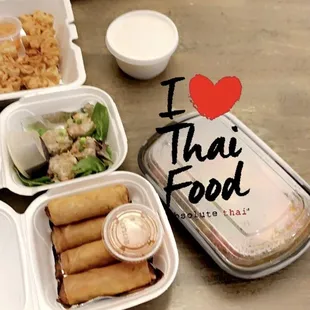 Egg rolls, shumai, crab rangoon, &amp; drunken noodle. The cashew stir-fry is in the container not opened.